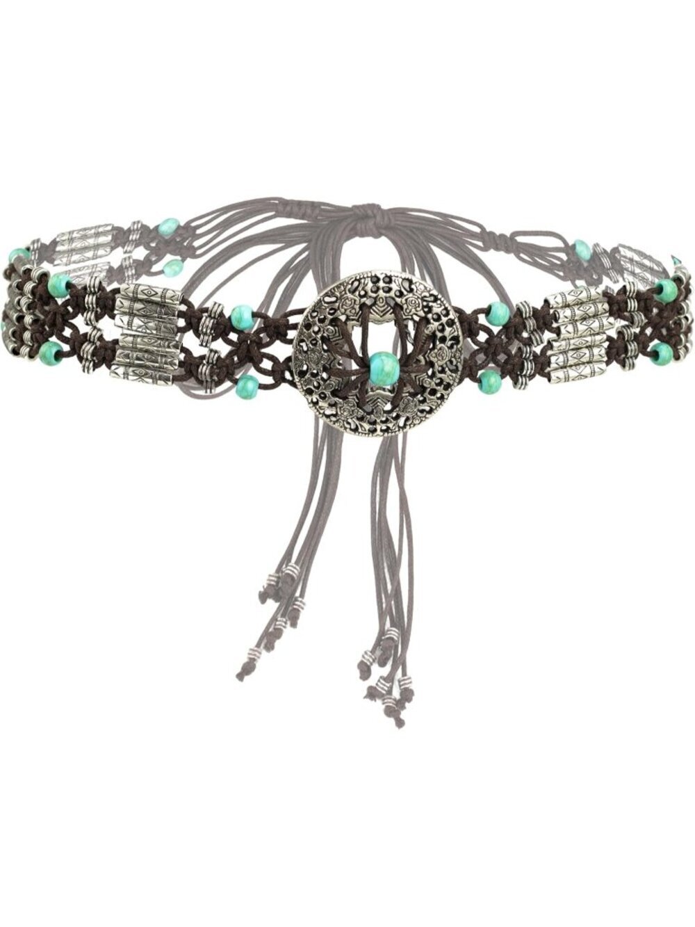 Women's Coffee-e00 Waist Belt Bohemian Style Rope Braid Central Metal Medallion